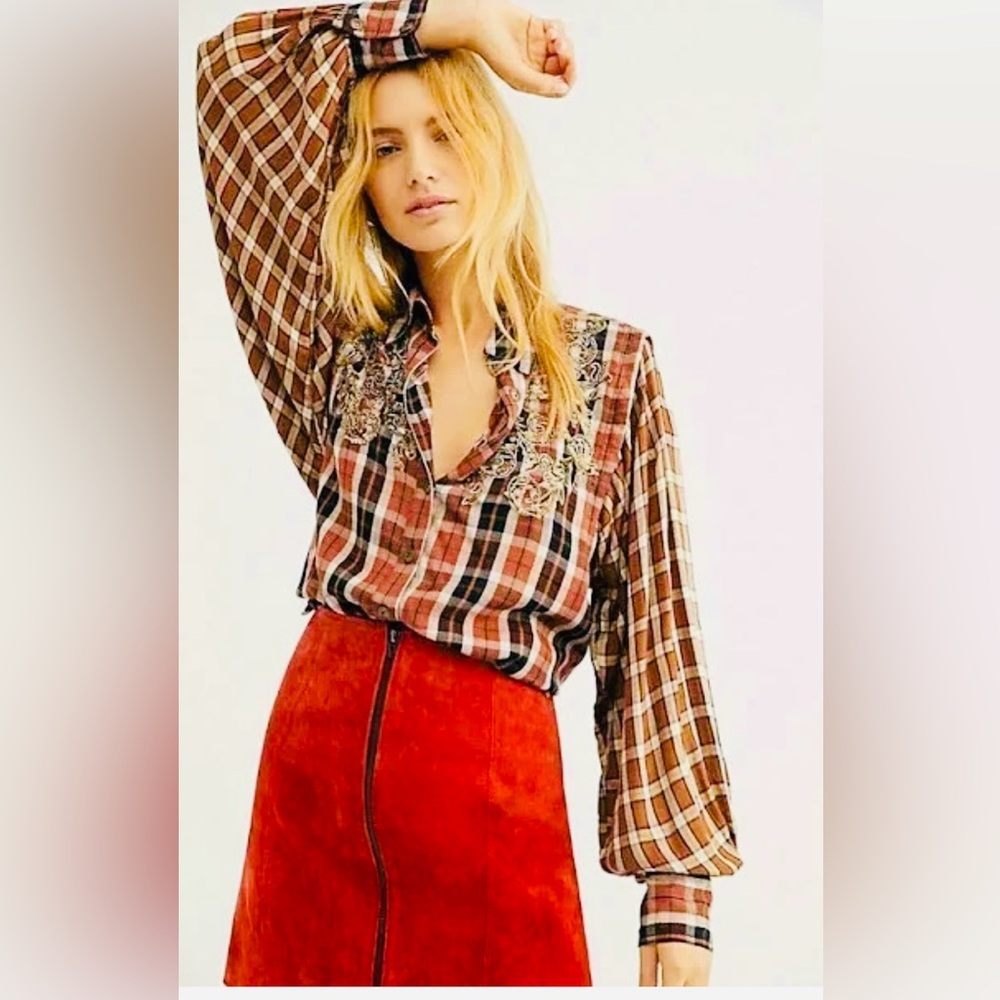 Free People Copper Western Plaid Embroidered Blouse Shirt
